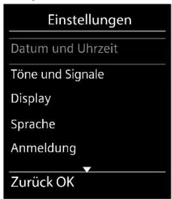 Einstellungen Datum und Uhrzeit Töne und Signale Display Sprache Anmeldung Zurück OK