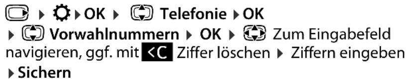 ▶ OK ▶ Telefonie ▶ OK ▶ Vorwahlnummern ▶ OK ▶ Zum Eingabefeld navigieren, ggf. mit