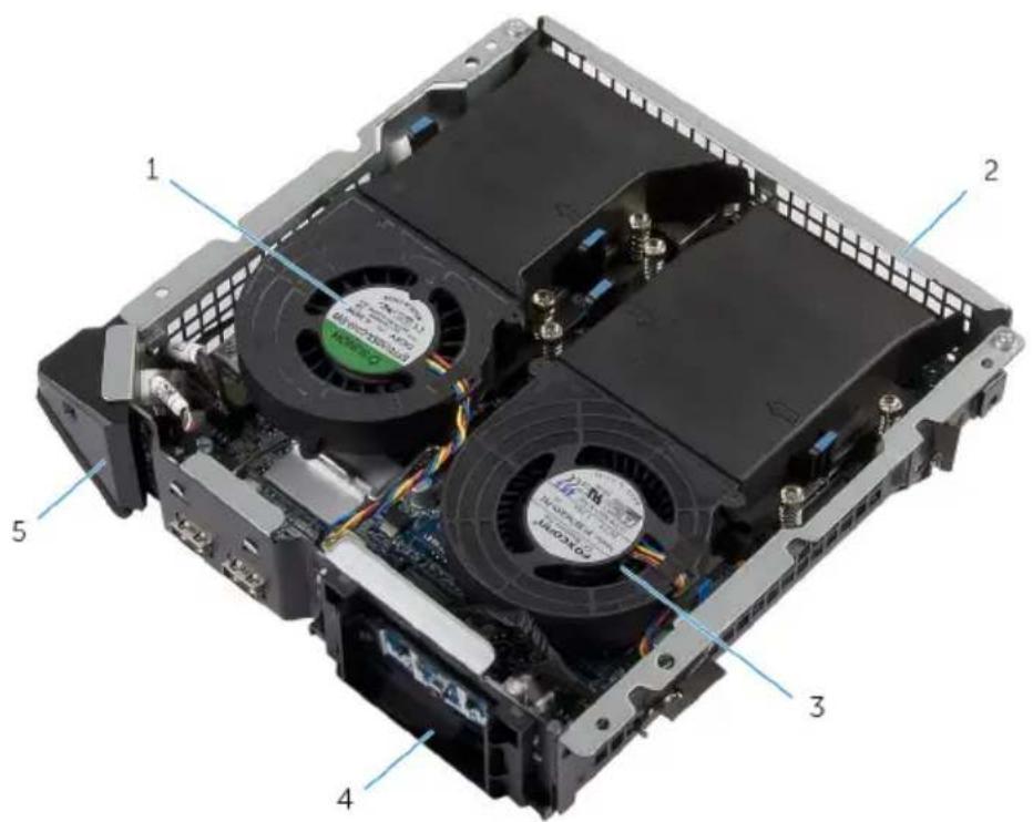 Exploded view diagram of a computer motherboard showing fan, drive, and ventilation components with numbered labels
