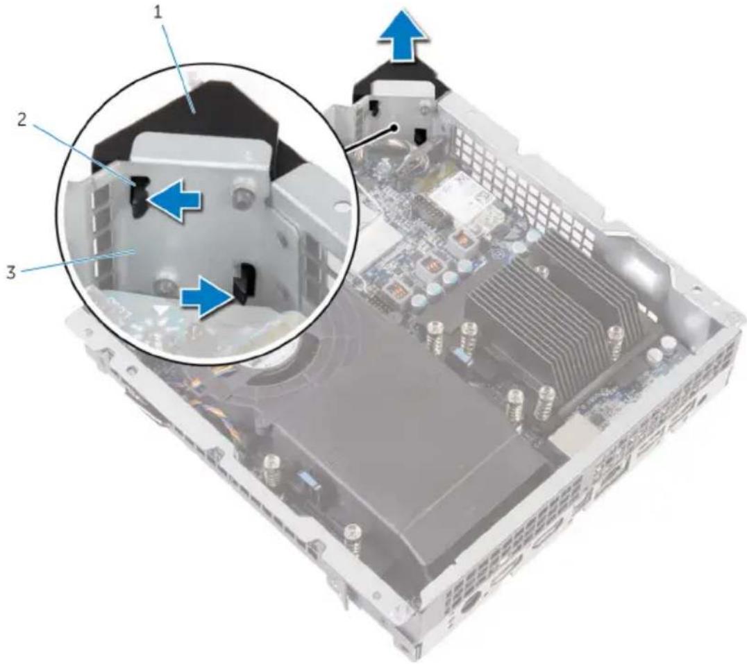 Technical diagram of an electronic device showing internal components with numbered annotations and directional arrows indicating assembly or process.