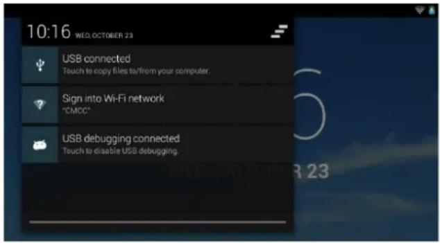 10:16 WED OCTOBER 23 USB connected Touch to copy files to/from your computer. Sign into Wi-Fi network "CMCC" USB debugging connected Touch to disable USB debugging.
