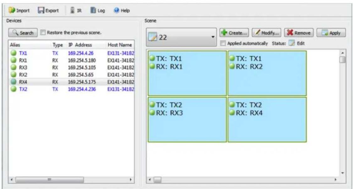 Import, Export, IR, Log, Help. Devices. Search. Restore the previous scene. Scene: 22. Create..., Modify..., Remove, Apply. Alias, Type, IP Address, Host Name. TX1, TX, 169.254.4.26, EX131-341B2. RX1, RX, 169.254.5.180, EX141-341B2. RX3, RX, 169.254.5.105, EX141-341B2. RX2, RX, 169.254.5.65, EX141-3…