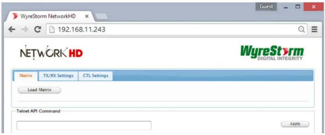 WyreStorm NetworkHD 192.168.11.243 NETWORK HD WyreStorm DIGITAL INTEGRITY Matrix TX/RX Settings CTL Settings Load Matrix Telnet API Command Apply