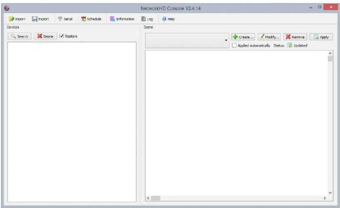 NetworkHD Console V2.4.14. Menu: Import, Export, Serial, Schedule, Information/Log, Help. Devices section: Search, Delete, Restore. Scene section: Create..., Modify..., Remove, Apply. Applied automatically. Status: Updated.