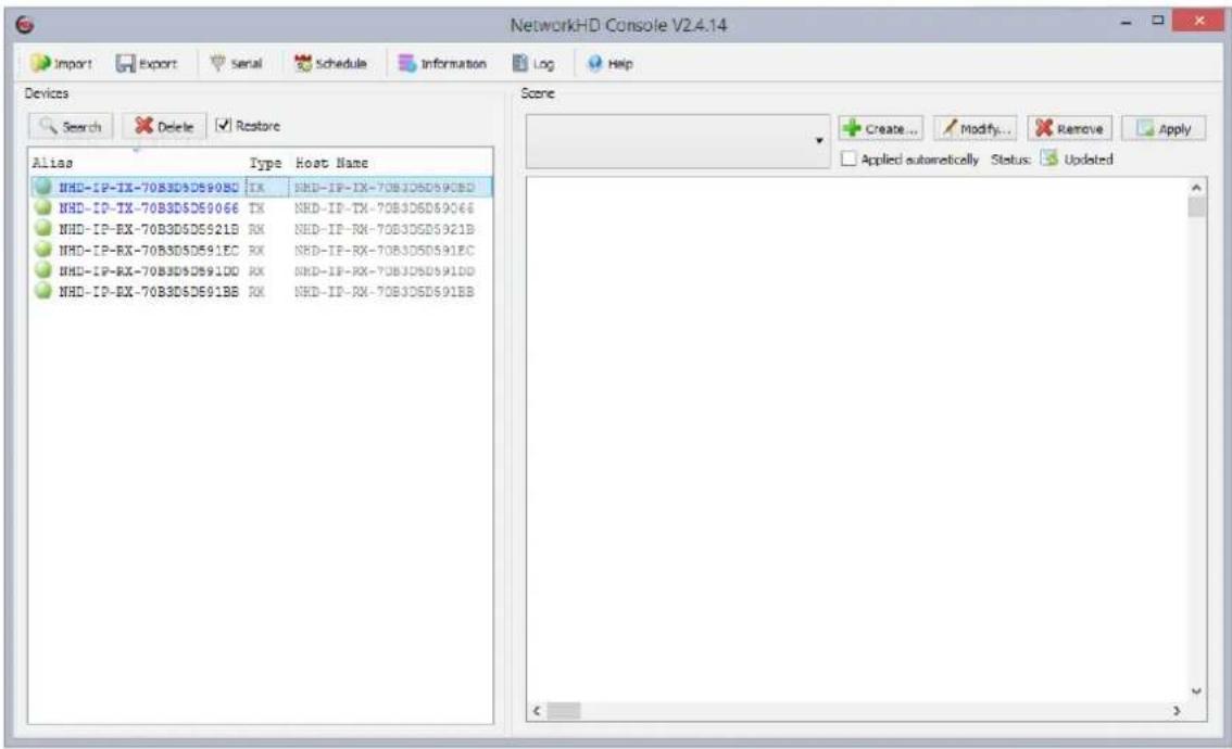 NetworkHD Console V2.4.14. Menu: Import, Export, Serial, Schedule, Information/Log, Help. Devices section: Search, Delete, Restore. Table columns: Alias, Type, Host_Name. Rows: HHD-IP-TX-70B3D5D590BD, TX, HHD-IP-TX-70B3D5D590BD; HHD-IP-TX-70B3D5D59066, TX, HHD-IP-TX-70B3D5D59066; HHD-IP-RX-70B3D5D59…