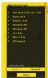 Key setting 1 Left click (250,123,123) 2 Right click 3 Middle click 4 Windows 84 5 Windows 85 6 Fine Key 7 Master Key 8 DPT Switch (200,200,200) Show A Made B Reset