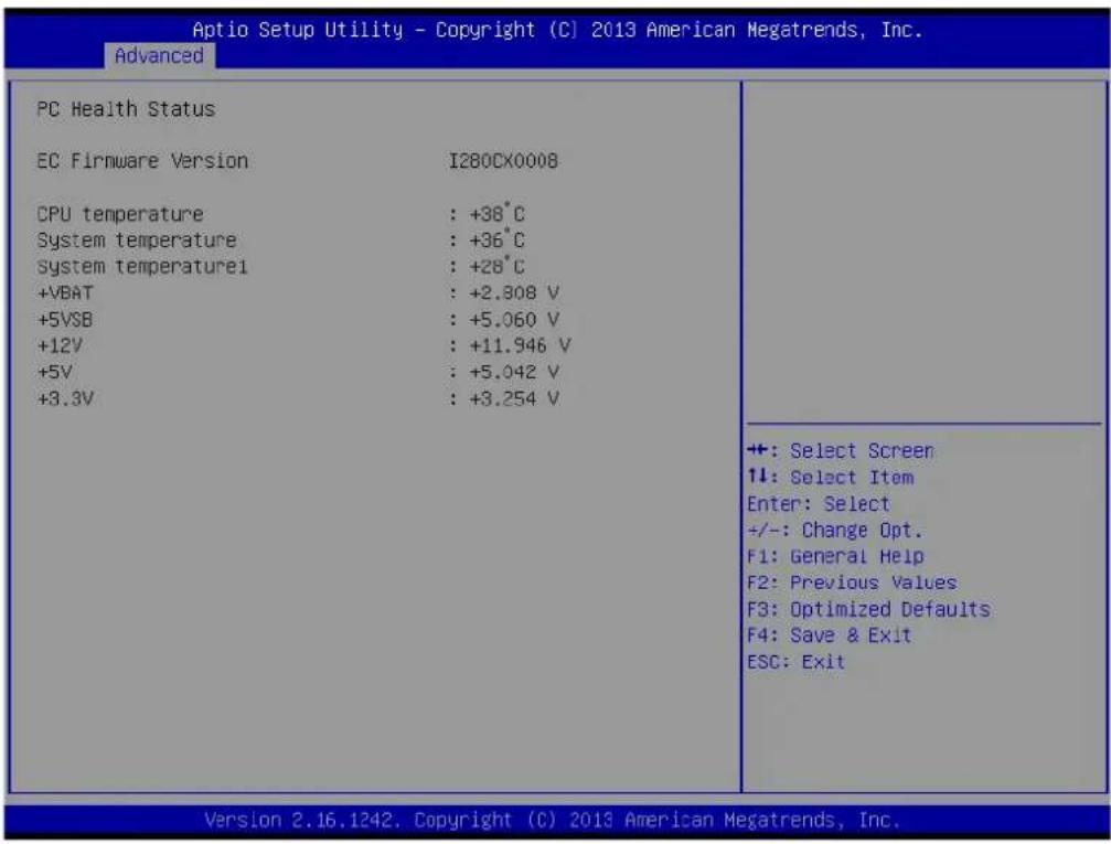 Aptio Setup Utility - Copyright (C) 2013 American Megatrends, Inc. Advanced PC Health Status EC Firmware Version I280CX0008 CPU temperature : +38°C System temperature : +36°C System temperature1 : +28°C +VBAT : +2.808 V +5VSB : +5.060 V +12V : +11.946 V +5V : +5.042 V +3.3V : +3.254 V ++: Select Screen ↑↓: Select Item Enter: Select +/-: Change Opt. F1: General Help F2: Previous Values F3: Optimized Defaults F4: Save & Exit ESC: Exit Version 2.16.1242. Copyright (C) 2013 American Megatrends, Inc.
