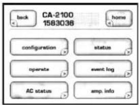 back CA-2100 1583036 home configuration status operate event log AC status amp. info