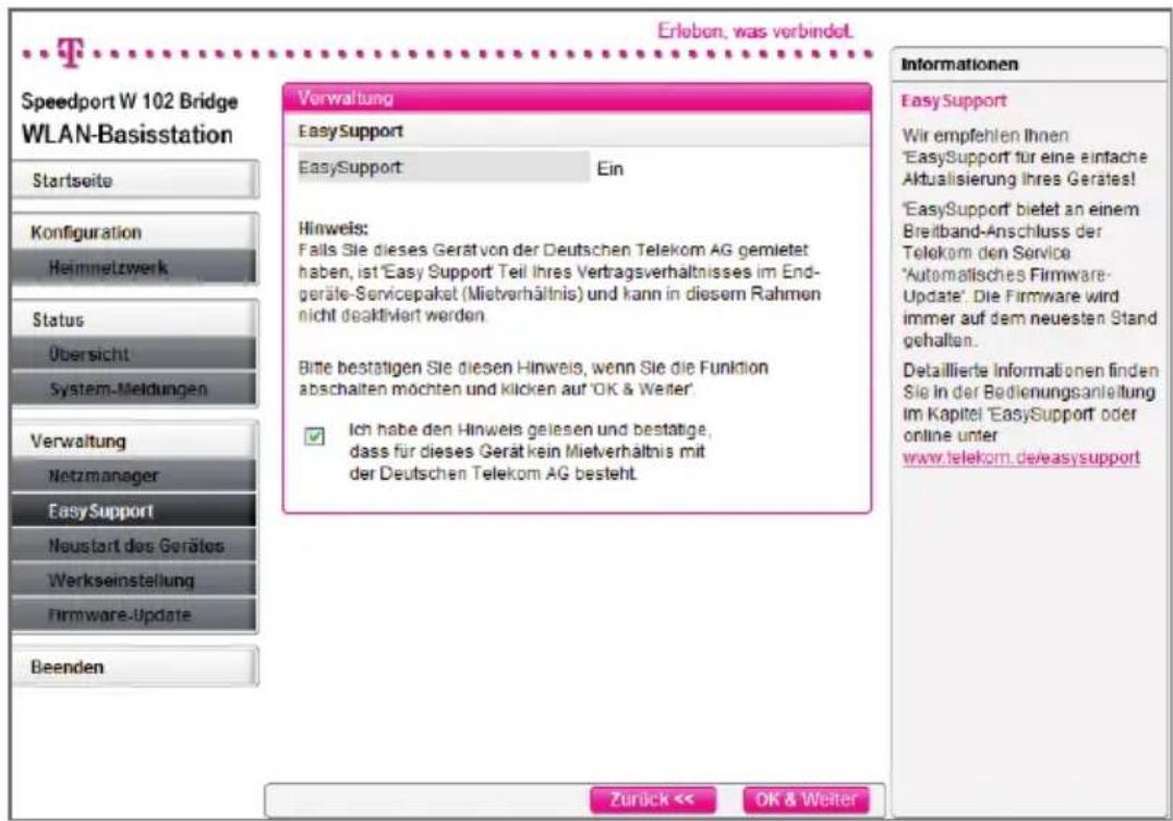 T-Mobile Speedport W102 Bridge - EasySupport ausschalten. - 1