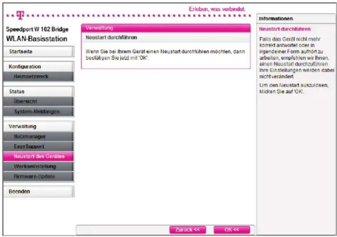 T-Mobile Speedport W102 Bridge - Neustart der Speedport W 102 Bridge. - 1