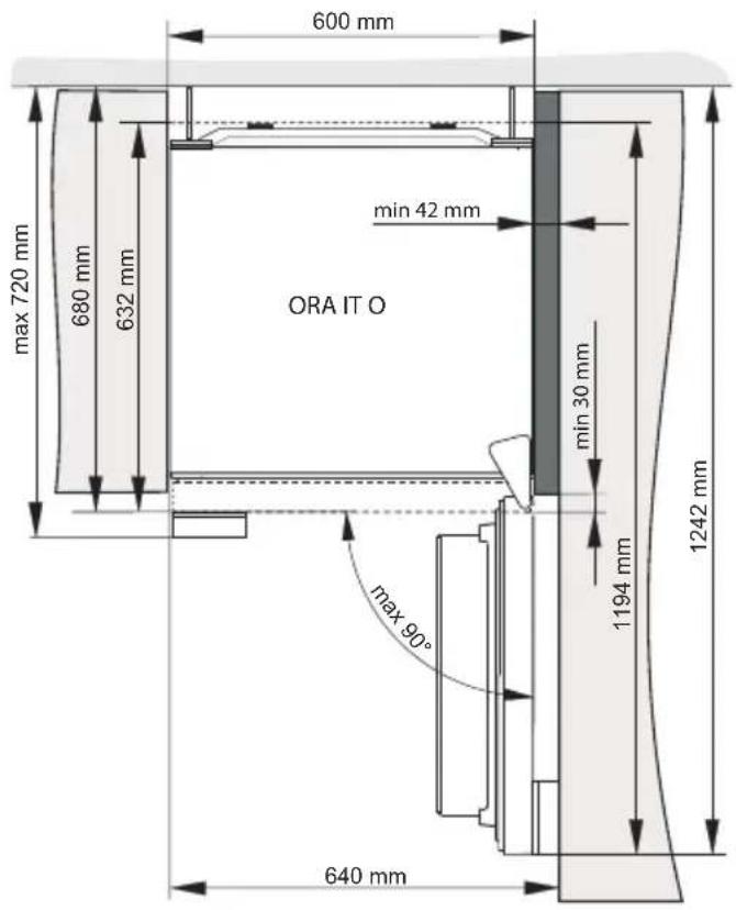 600 mm max 720 mm 680 mm 632 mm min 42 mm ORA IT O min 30 mm 1194 mm 1242 mm max 90° 640 mm