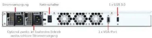 Strom-versorgung Netz-schalter 1 x USB 3.0 Optional zweite im laufenden Betrieb austauschbare Stromversorgung 1 x VGA-Port
