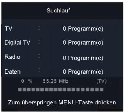 Suchlauf TV : 0 Programm(e) Digital TV : 0 Programm(e) Radio : 0 Programm(e) Daten : 0 Programm(e) 0 % 55.25 MHz (TV) Zum überspringen MENU-Taste drücken