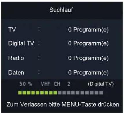 Suchlauf TV : 0 Programm(e) Digital TV : 0 Programm(e) Radio : 0 Programm(e) Daten : 0 Programm(e) 50 % VHF CH 2 (Digital TV) Zum Verlassen bitte MENU-Taste drücken