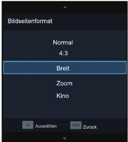 Bildseitenformat Normal 4:3 Breit Zoom Kino Auswählen Zurück