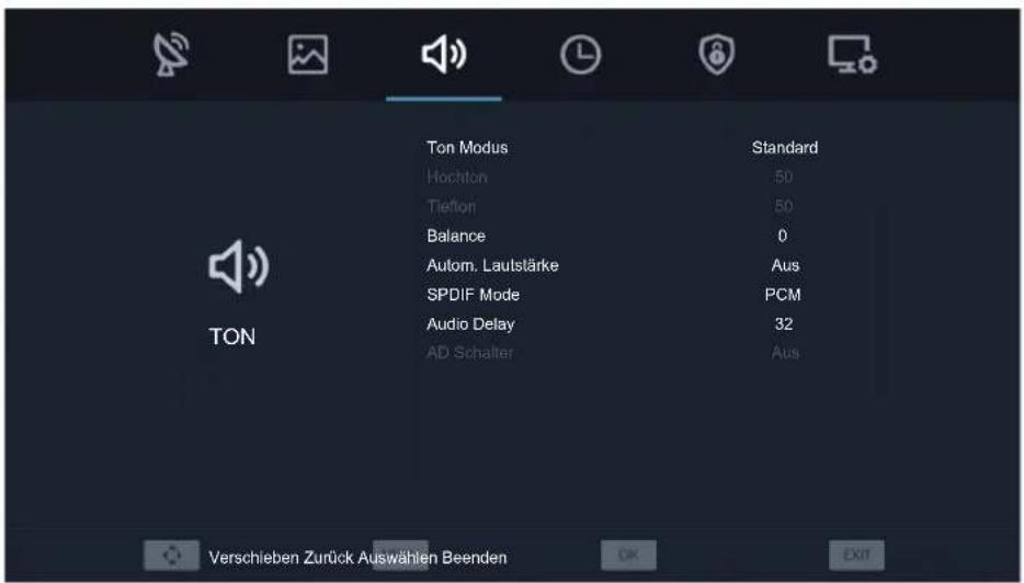Ton Modus Hochton Tiefton Balance Autom. Lautstärke SPDIF Mode Audio Delay AD Schalter Standard 50 50 0 Aus PCM 32 Aus TON Verschieben Zurück Auswählen Beenden OK EXIT