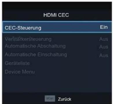 HDMI CEC CEC-Steuerung Ein Verstärkersteuerung Aus Automatische Abschaltung Aus Automatische Einschaltung Aus Geräteliste Device Menu Zurück