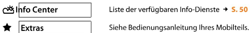 Info Center Liste der verfügbaren Info-Dienste → S. 50 Extras Siehe Bedienungsanleitung Ihres Mobilteils.