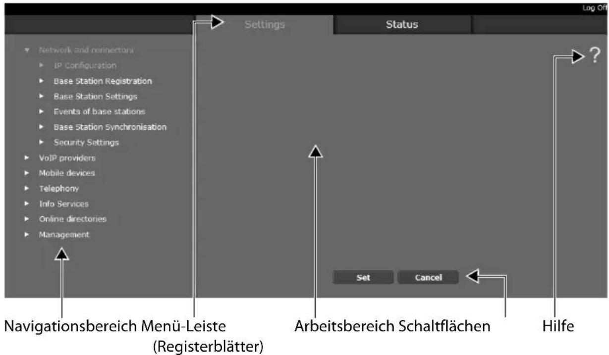 Settings Status Network and connectors IP Configuration Base Station Registration Base Station Settings Events of base stations Base Station Synchronisation Security Settings VoIP providers Mobile devices Telephony Info Services Online directories Management Navigationsbereich Menü-Leiste (Registerblätter) Arbeitsbereich Schaltflächen Set Cancel Hilfe ?