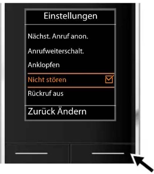 Einstellungen Nächst. Anruf anon. Anrufweiterschalt. Anklopfen Nicht stören Rückruf aus Zurück Ändern