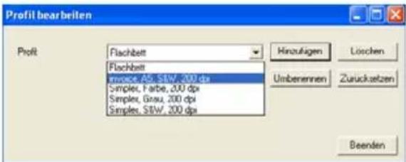 Profit bearbeiten Profit Flachbett Flachbett impace.A5, StW, 200 dpi Simpler, Farbe, 200 dpi Simpler, Gtau, 200 dpi Simpler, StW, 200 dpi Hinzufügen Löschen Umberennen Zurücksetzen Beenden