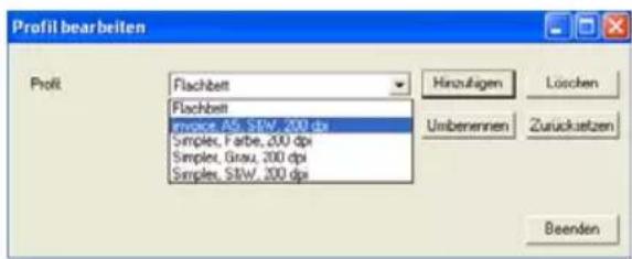 Profit bearbeiten Profit Flachbett Flachbett impose.A5, STW, 200 dpi Simplex, Farbe, 200 dpi Simplex, Gtau, 200 dpi Simplex, STW, 200 dpi Hinzufügen Löschen Umberennen Zurücksetzen Beenden