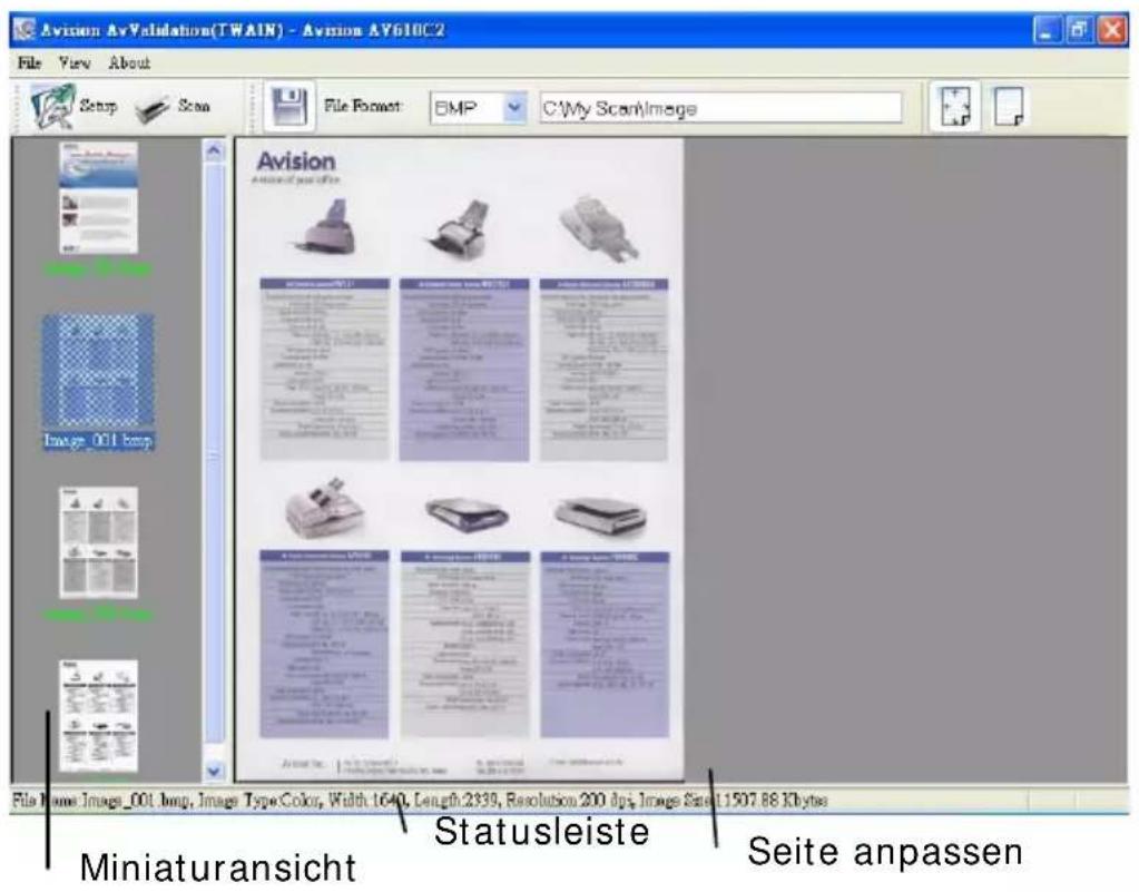 Avision AvValidation(TWAIN) - Avision AV610C2 File View About Setup Scan File Format BMP C:\My Scan\Image Avision Avision photo file Image 001.bmp Miniaturansicht Statusleiste Seite anpassen
