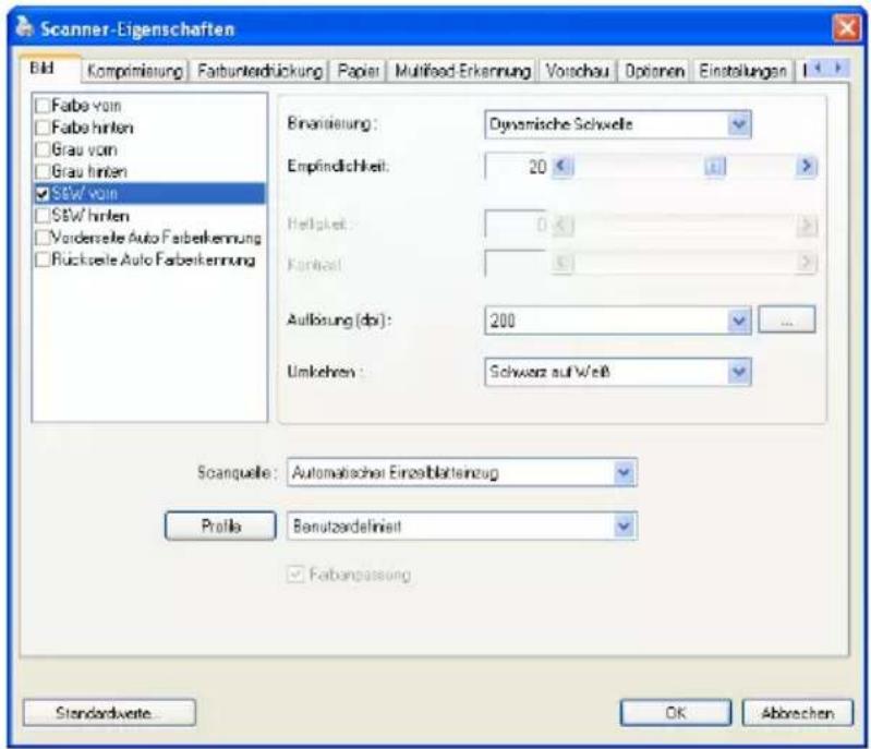 Scanner-Eigenschaften Bild Komprimierung Farbunkerdrückung Papier Multifoid Erkennung Vorschau Optionen Einstellungen Fabe vom Fabe hinten Grau vom Grau hinten SBW vom SBW hinten Vorderseite Auto Farberkennung Rückseite Auto Farberkennung Einbarisierung: Dynamische Schwelle Empfindlichkeit: 20 Helipkeit: 0 Kantzahl: 5 Auflösung (dor): 200 Umkehren: Schwarz auf Weiß Scanquelle: Automatischer Einzelblatteinzug Profile Benutzardefinielt Farbanpassung Standardwerte... OK Abbrechen
