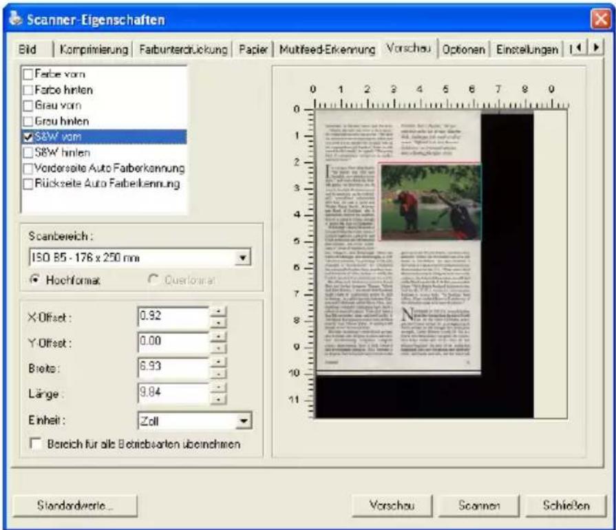 Scanner-Eigenschaften Bid | Komprimierung | Farbunterdrückung | Papier | Multifeed-Erkennung | Vorschau | Optionen | Einstellungen | Farbe vom Farbe hinten Grau vom Grau hinten S&W' vom S&W' hinten Vordorsite Auto Fatberkennung Rückzeite Auto Fatbelkennung Scanbereich : ISO 85 - 176 x 250 mm Hochformat Cuerlöse X Offset : 0.92 Y Offset : 0.00 Briets : 6.93 Länge : 9.84 Einheit : Zoll Bereich für alle Betriebsarten übernehmen Standardverle... Vorschau | Scannen | Schließen