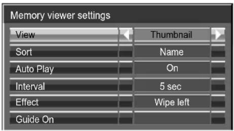 Memory viewer settings View: Thumbnail Sort: Name Auto Play: On Interval: 5 sec Effect: Wipe left Guide: On