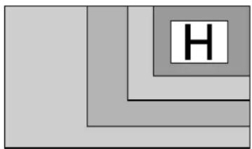 Abstract geometric pattern with nested L-shaped layers and a central square labeled 'H' (no text or symbols beyond the label)