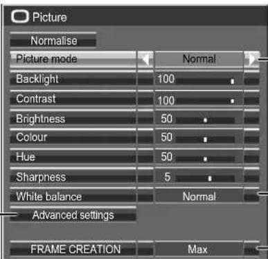 Picture Normalise Picture mode Normal Backlight 100 Contrast 100 Brightness 50 Colour 50 Hue 50 Sharpness 5 White balance Normal Advanced settings FRAME CREATION Max