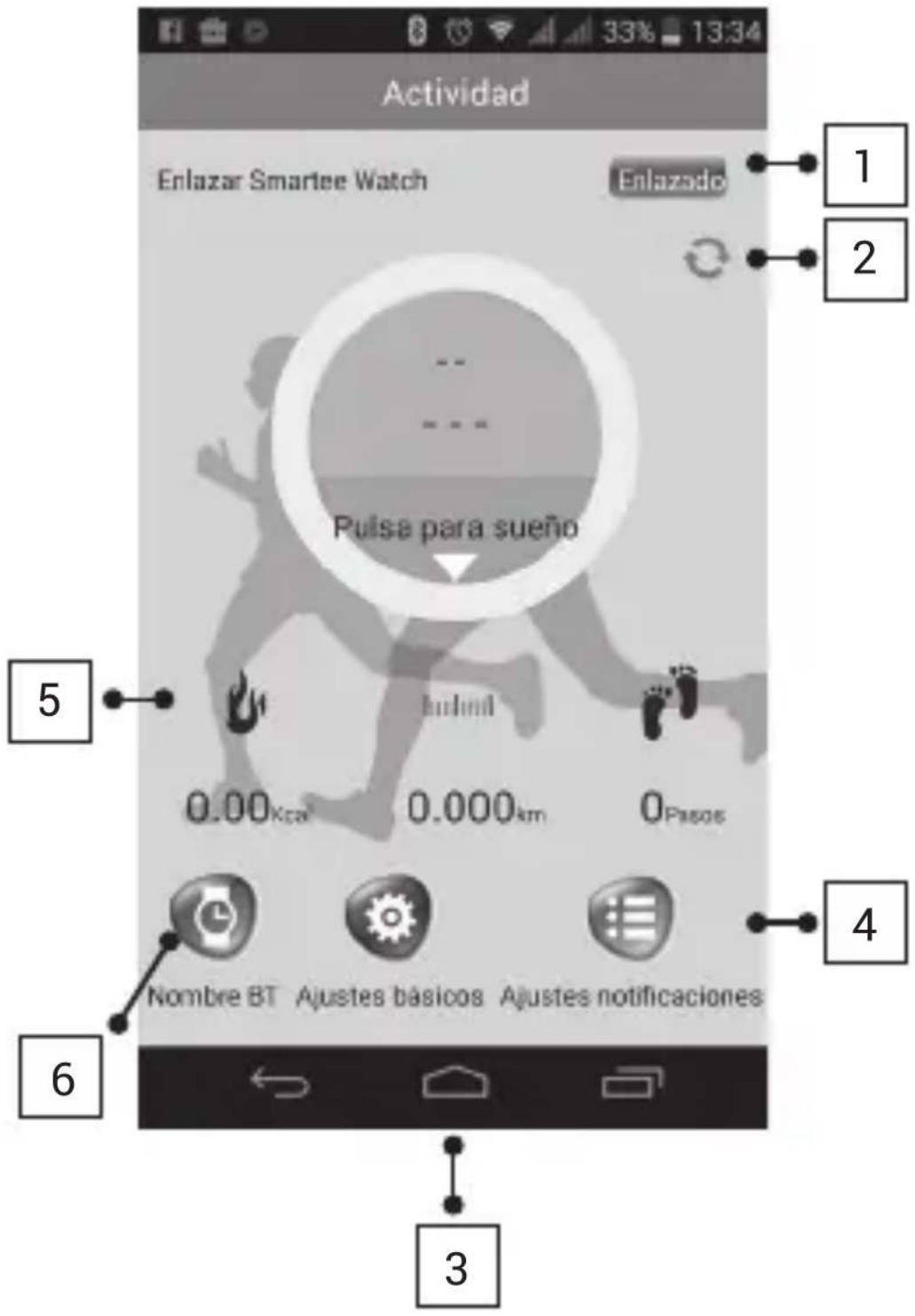 Actividad Enlazar Smartee Watch Enlazado 1 2 Pulsa para sueño 5 0.00Kcal 0.000km 0Pasos 6 Nombre BT Ajustes básicos Ajustes notificaciones 4 3