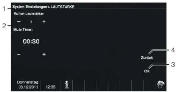 System Einstellungen > LAUTSTÄRKE Rution Leutstärke: - 1 + Mute Timer: 00:30 - + Donnerstag 08.12.2011 12:35 Zurück OK
