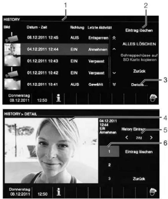 HISTORY Bild Datum - Zeit Richtung Letzte Aktivität Eintrag löschen 06.12.2011 12:45 AUS Entsperrern ALLES LÖSCHEN 04.12.2011 12:44 EIN Annehmen Schnappschüsse auf 01.12.2011 10:43 EIN Verpasst SD Karte kopieren 01.12.2011 10:42 EIN Verpasst Zurück 01.12.2011 10:41 AUS Gewählt Details... Donnerstag Donnerstag 08.12.2011 12:50 HISTORY > DETAIL 04.12.2011 12:44 EIN Annehmen History Eintrag < 7/1 > 1 Eintrag löschen 2 3 Zurück Donnerstag Donnerstag 08.12.2011 12:50