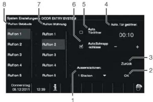 8 System Einstellungen DOOR EI-TRY SYSTEM Rufton Gebäude Rufton Wohnung Auto. Tür geöffnet: Auto Tördfiner 00:10 Rufton 1 Rufton 1 AutoSohnapp -schlüsse + Rufton 2 Rufton 2 Ausserstationen: Zurück Rufton 3 Rufton 3 Rufton 4 Rufton 4 Rufton 5 Rufton 5 Donnerstag 08.12.2011 12:39 1 1 Station OK