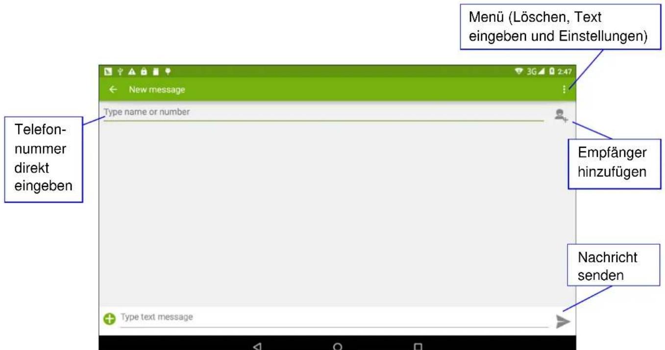 Telefonnummer direkt eingeben New message Type name or number Menü (Löschen, Text eingeben und Einstellungen) Empfänger hinzufügen Nachricht senden + Type text message
