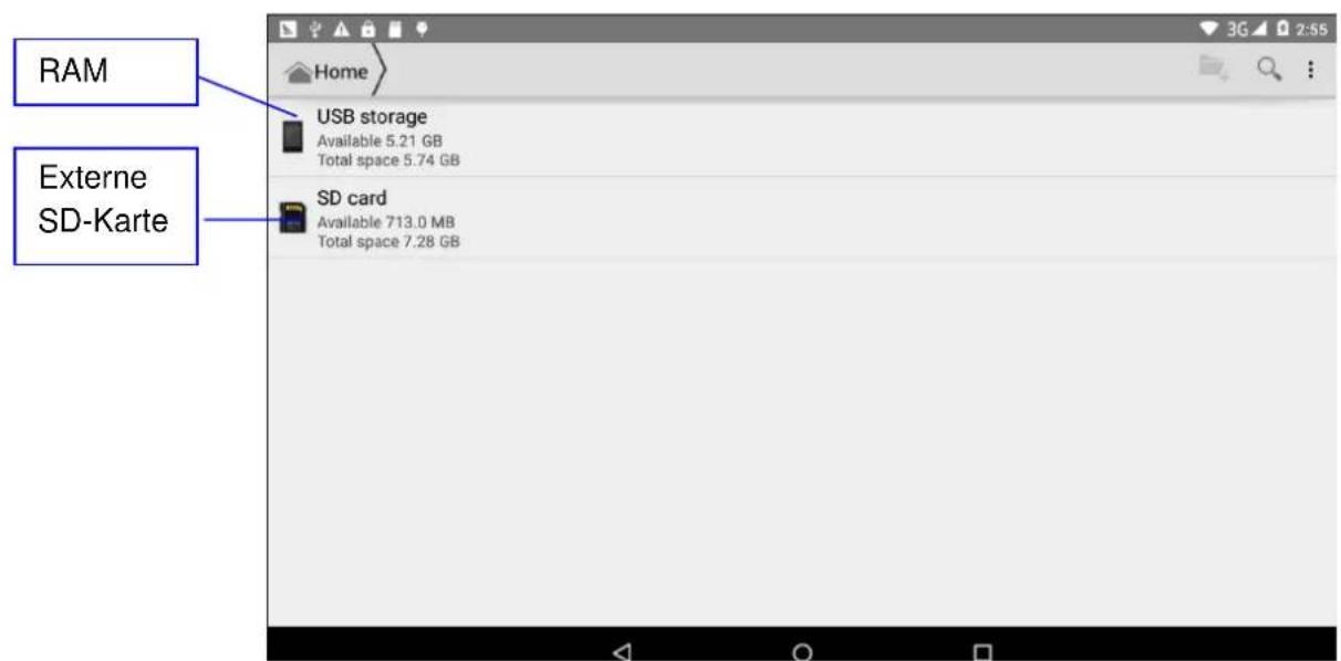 RAM Externe SD-Karte Home USB storage Available 5.21 GB Total space 5.74 GB SD card Available 713.0 MB Total space 7.28 GB