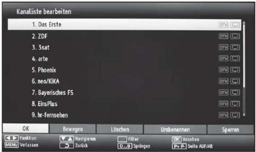 Kanalliste bearbeiten 1. Das Erste 2. ZDF 3. 3sat 4. arte 5. Phoenix 6. neo/KiKA 7. Bayerisches FS 8. EinsPlus 9. hr-fernsehen OK Bewegen Löschen Umbenennen Sperren Funktion Navigieren Filter Ansehen MENU Verlassen Zurück 0...9 Springen P+ P-Seite AUF/AB
