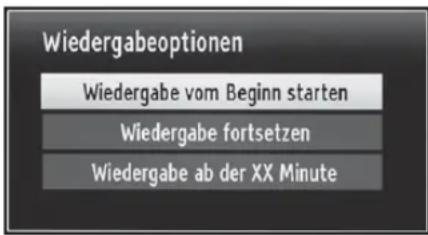 Wiedergabeoptionen Wiedergabe vom Beginn starten Wiedergabe fortsetzen Wiedergabe ab der XX Minute