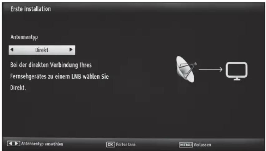 Erste Installation Antennentyp Direkt Bei der direkten Verbindung Ihres Fernsehgerätes zu einem LNB wählen Sie Direkt. Antennentyp auswählen OK Fortsetzen MENU Verlassen