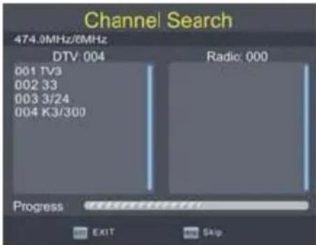 Channel Search 474.0MHz/6MHz DTV: 004 001 TV3 002 33 003 3/24 004 K3/300 Radio: 000 Progress EXIT Skip