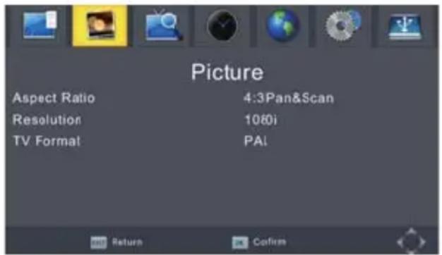 Picture Aspect Ratio 4:3Pan&Scan Resolution 1060i TV Format PAL Return Cofirm