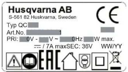 Husqvarna AB S-561 82 Huskvarna, Sweden Typ QC Art.No. 1 PRI: 0V - V ~ 0Hz W max. --- / 7A maxSEC: 36V WW/YY