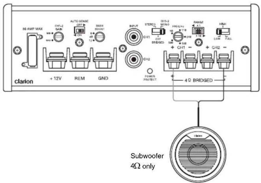 90 AMP MAX CH1-2 SAN AUTO SENSE OFF MAX RESET 0 dB 12 INPUT STERCO CH1 CH1 CH1 BRIDGED CH1-2 MONO 50 FREQ H2 +178 240 RANGE +16 HIGH LOW FULL +12V REM GND CH2 POWER PROTECT 4 Ω BRIDGED clarion Subwoofer 4Ω only
