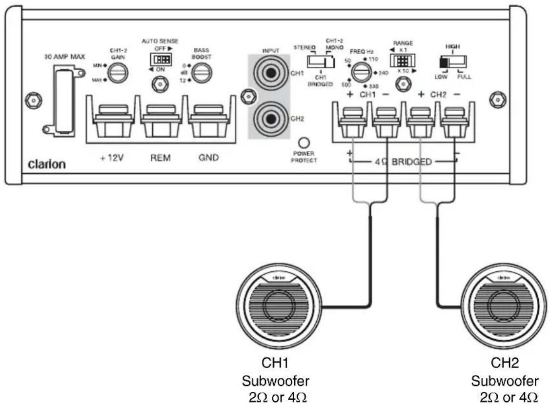 30 AMP MAX MN MAX CH1-2 GAIN AUTO SENSE OFF ON BASS BOOST 0 dill 12 INPUT STEREO CH1 CH1 BRIDGED CH1-2 MONO FREQ Hz 50 110 RANGE x 1 240 x 10 HIGH LOW FULL + 12V REM GND + CH1 - + CH2 - POWER PROTECT 4 Ω BRIDGED clarion CH1 Subwoofer 2Ω or 4Ω CH2 Subwoofer 2Ω or 4Ω