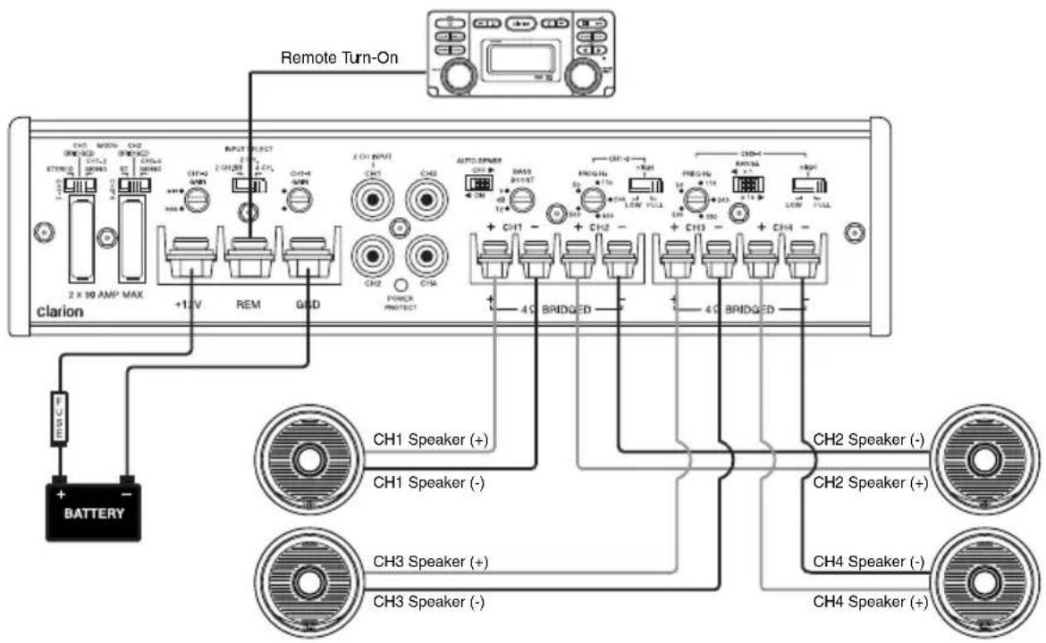 Remote Turn-On clarion 2 x 30 AMP MAX +1.5V REM GND CH1 CH2 CH3 CH4 CH1 CH2 CH3 CH4 AUTO SPINER CH1 CH2 CH3 ALTO SPINER CH1 CH2 CH3 BAS3 BRIGHD FREQ HD LOW FULL FREQ HD 245 LW FILL C10 C11 C12 C13 C14 C15 C16 C17 C18 C19 C20 C21 C22 C23 C24 C25 C26 C27 C28 C29 C30 C31 C32 C33 C34 C35 C36 C37 C38 C39 C40 C41 C42 C43 C44 C45 C46 C47 C48 C49 C50 C51 C52 C53 C54 C55 C56 C57 C58 C59 C60 C61 C62 C63 C64 C65 C66 C67 C68 C69 C70 C71 C72 C73 C74 C75 C76 C77 C78 C79 C80 CH1 Speaker (+) CH1 Speaker (-) CH3 Speaker (+) CH3 Speaker (-) CH2 Speaker (-) CH2 Speaker (+) CH4 Speaker (-) CH4 Speaker (+)