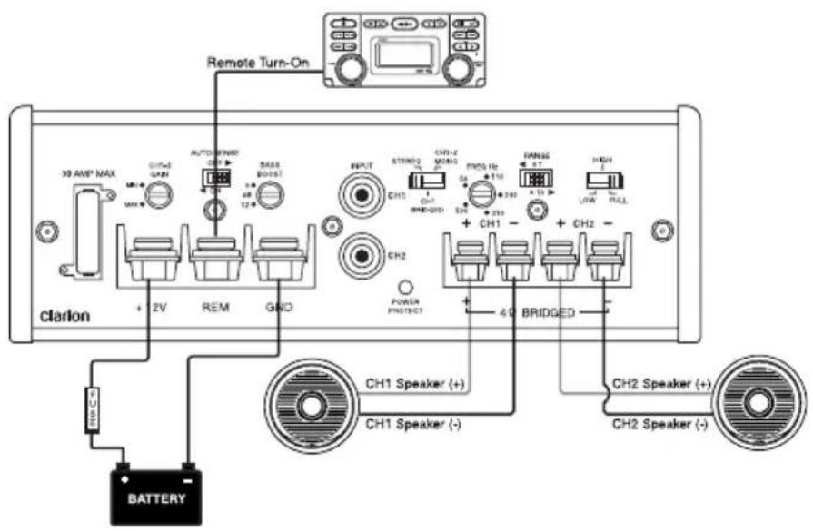 Remote Turn-On 39 AMP MAX MAX AUTO BURND OFF BASE BOUT OUTPUT STANDARD CH1-2 MANGO FORD Hz RANGE + 110 + 340 + 233 + 13 + 12 + 11 + 10 + 8 + 6 + 4 + 2 + 0 + 0 + 0 + 0 + 0 + 0 + 0 + 0 + 0 + 0 + 0 + 0 + 0 + 2V REM GND POWER PROTECT BRIDGED 40 BATTERY CH1 Speaker (+) CH1 Speaker (-) CH2 Speaker (+) CH2 Speaker (-)
