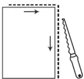 Diagram showing a document with arrows indicating direction and a saw blade, likely illustrating a folding or cutting process.