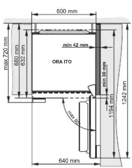 600 mm max 720 mm 680 mm 632 mm min 42 mm ORA ITO min 30 mm 1194 mm 1242 mm max 90° 640 mm